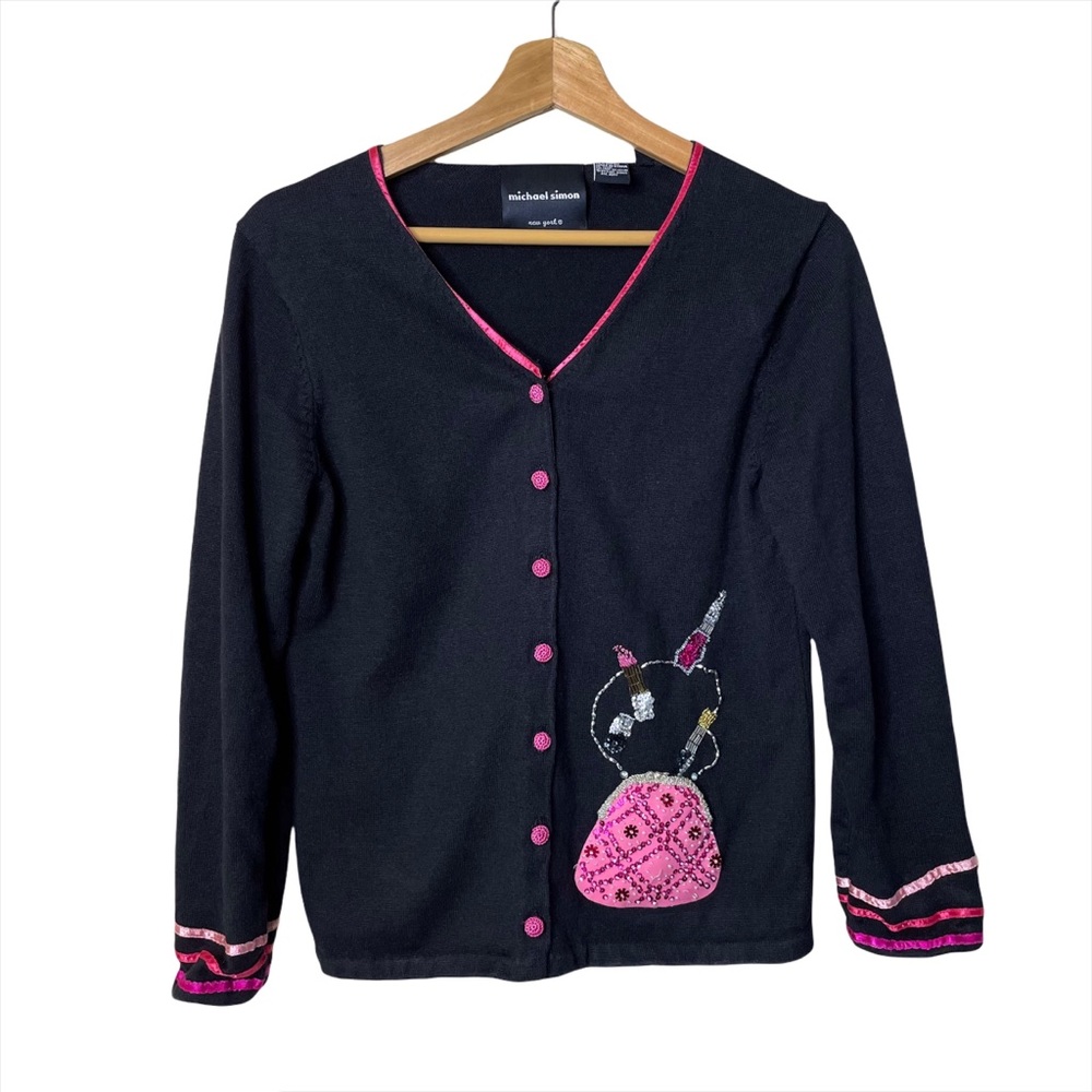 Michael Simon Black Pink Lipstick Purse button up sequin cardigan
